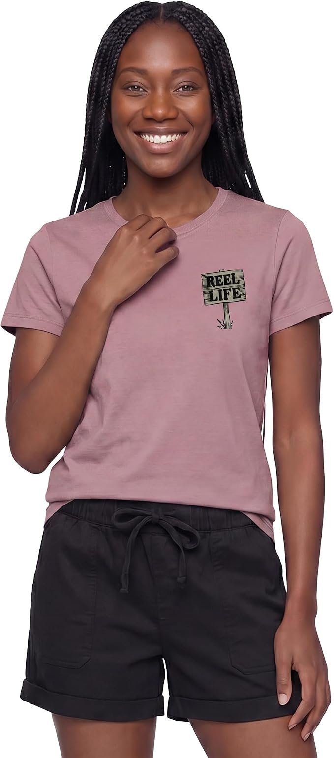 Building today's look from Top outward — Reel Life Women’s Essential Graphic Tee