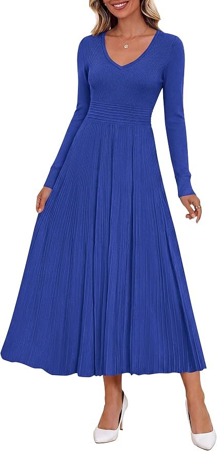 Partly cloudy, fully styled in Dress — Prettygarden Women's Fall V Neck Pleated Midi Sweater Dress