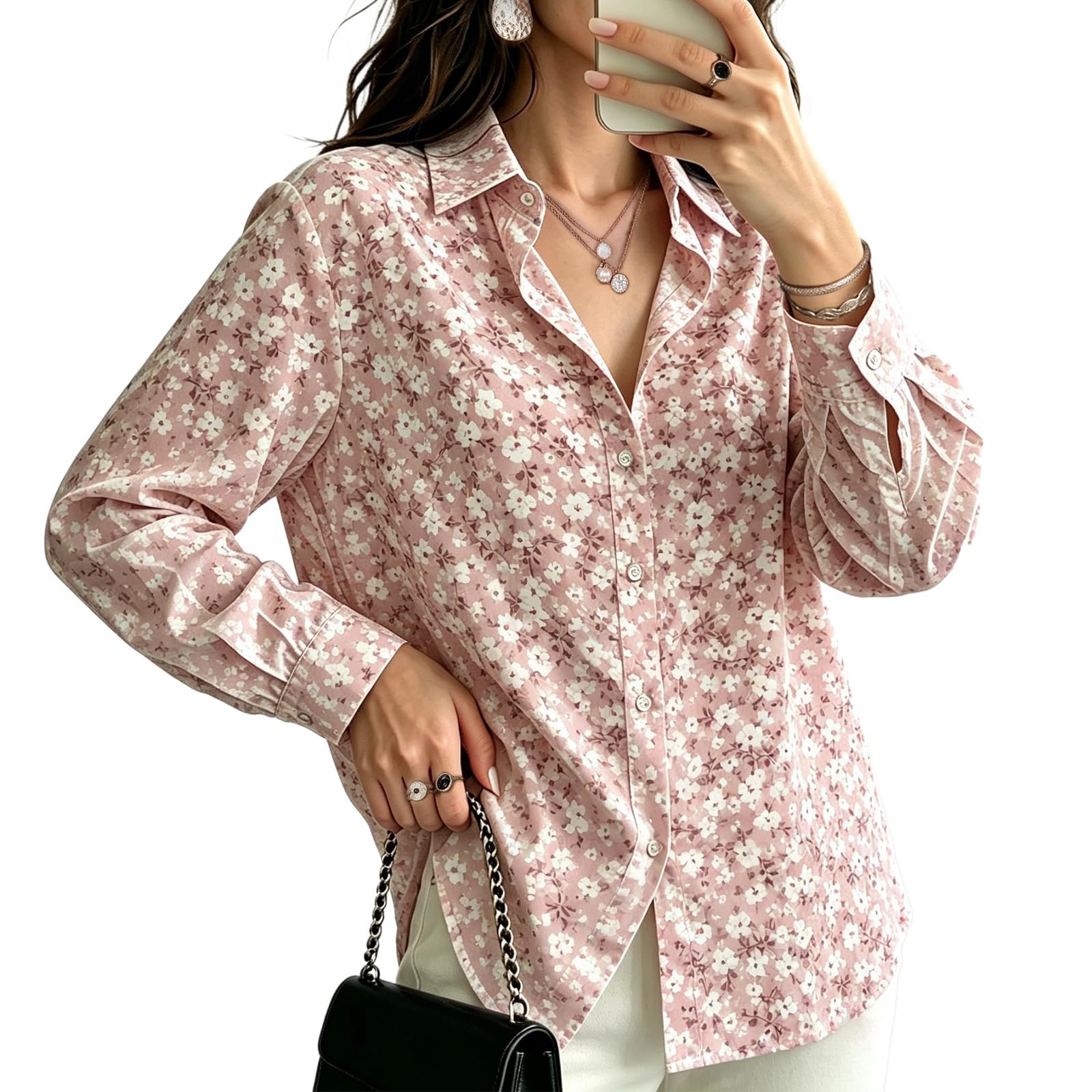 Cloudy with a chance of Dress — Euow Button Down Blouses for Women Dressy Floral Printed Long Sleeve Shirts Trendy Business Casual Work Tops