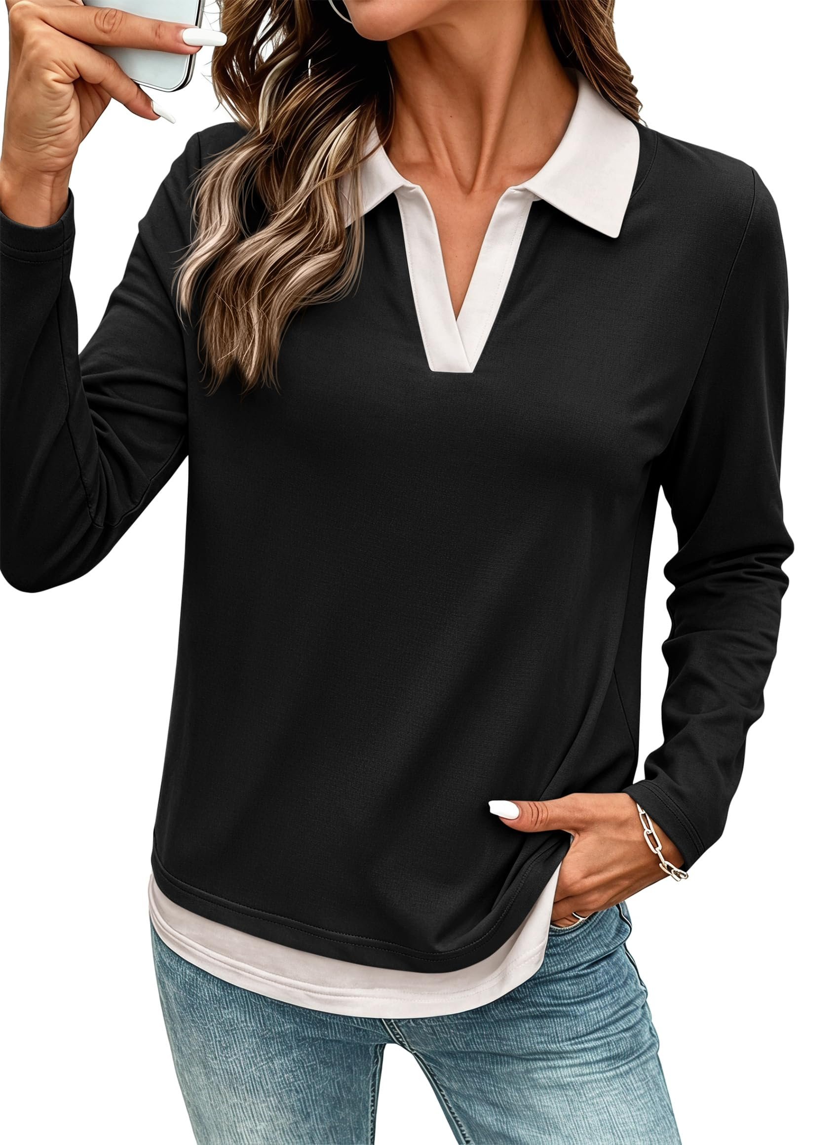 Bedroom runway, 7:58 a.m. — Prettygarden Womens Casual Polo T-Shirt Color Block Layered Tops