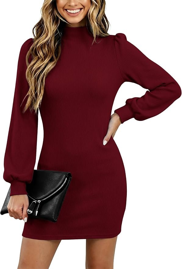 High pressure, low-effort Dress — Anrabess Fall Dresses for Women Puff Long Sleeve Mini Sweater Dress Bodycon