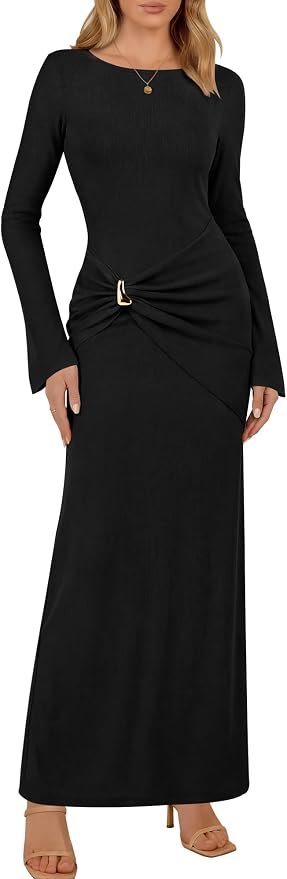 The coffee run deserved Dress — Anrabess Womens Fall Wedding Guest Maxi Dresses Bell Long Sleeve Bodycon