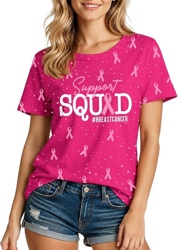 The schedule said casual; Shirt heard camera-ready — Tewmeu Breast Cancer Shirts for Women Pink Support Squad Breast Cancer Tshirts