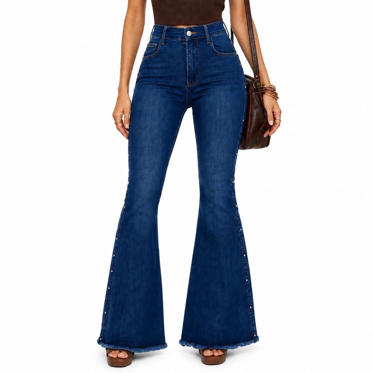 Seams like Lightweight Sweatshirt won today — Lehrform Women's High Waisted Bell Bottom Jeans, Stretch Frayed Hem