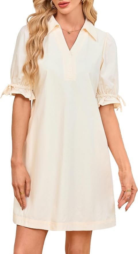 Dress brought its own sunshine — Yexpine Womens Floral Striped Mini Dress Puff Sleeve Casual Summer Shift Dress V Neck Collared Tunic Dress with Pockets
