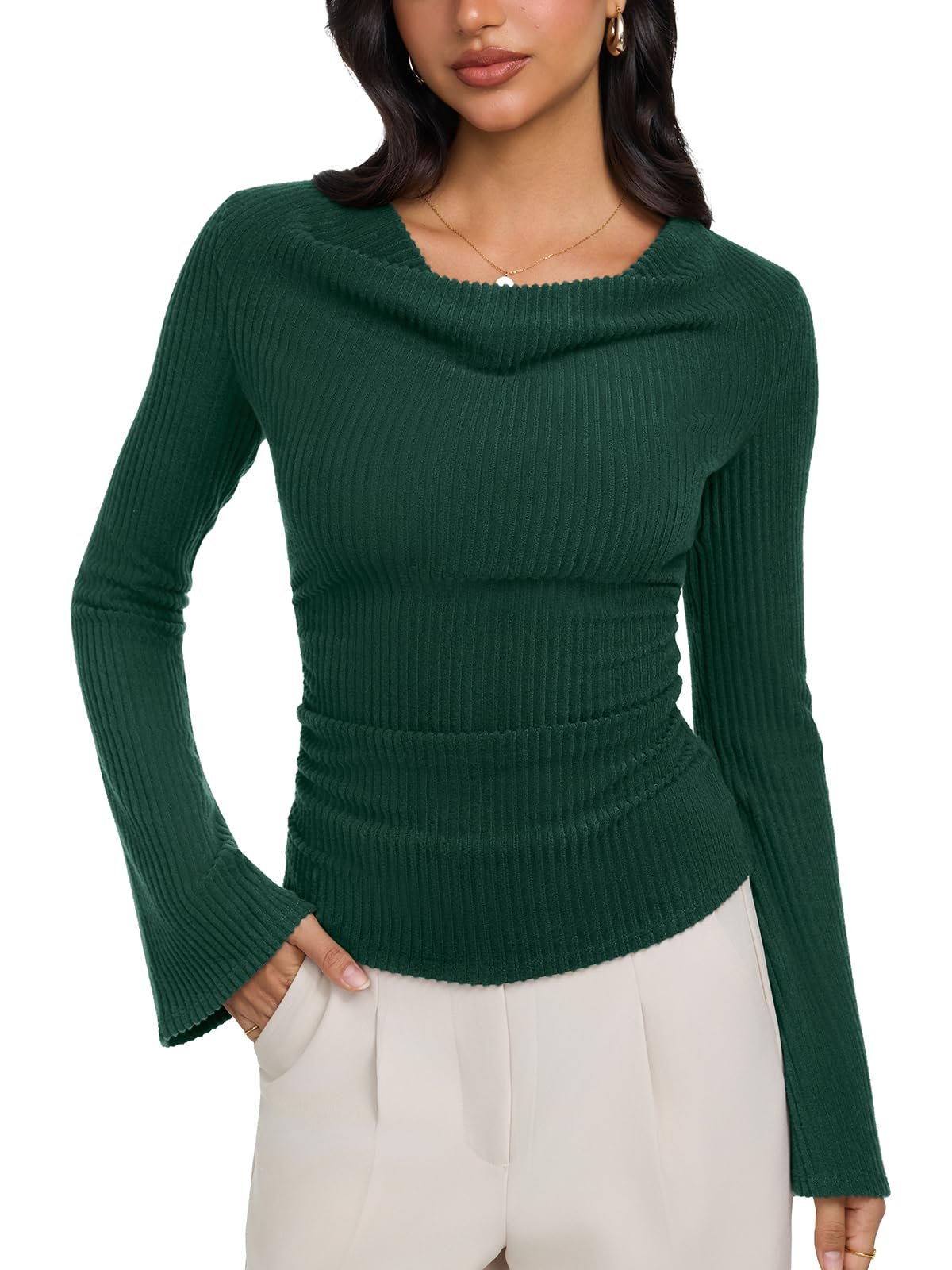 Fit check: Blouse chose the whole mood — Reoria Womens Cowl Neck Ribbed Knit Long Bell Sleeve Going Out Tops Blouse