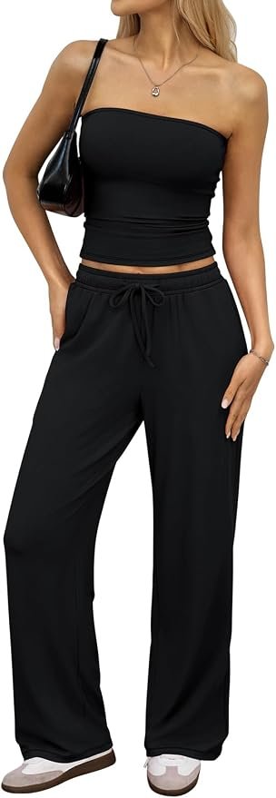 A quick cameo from Cropped Wide-Leg Tube Top — EasyGala Womens 2 Piece Matching Lounge Sets Crop Tube Tops Wide Leg Pants