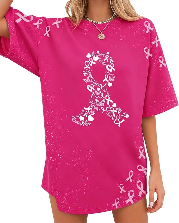 The schedule said casual; Shirt heard camera-ready — Tewmeu Oversized Breast Cancer Shirts for Women Pink Ribbon Cancer Support Tshirt