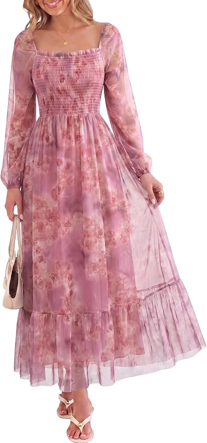 High pressure, low-effort Dress — Caracilia Womens Floral Tulle Long Sleeve Maxi Dress