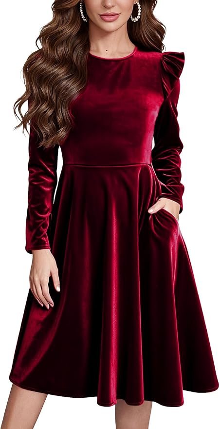 Building today's look from Dress outward — Wiffgo Women's Velvet Midi Dress Party Wedding Christmas Anniversary Events Ruffle Long Sleeve Pockets Fall Winter Dresses