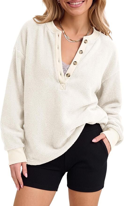 Sweatshirt made a regular day look interesting — Anrabess Womens Fleece Pullover Sherpa Fuzzy Button Up Sweatshirts
