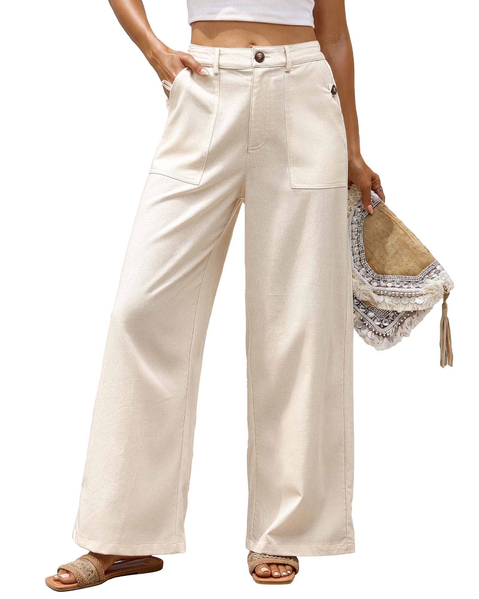 Shorts have me hemming and hawing — Bsubseach Womens Cotton Linen Pants Wide Leg Work Casual Pants Apricot S