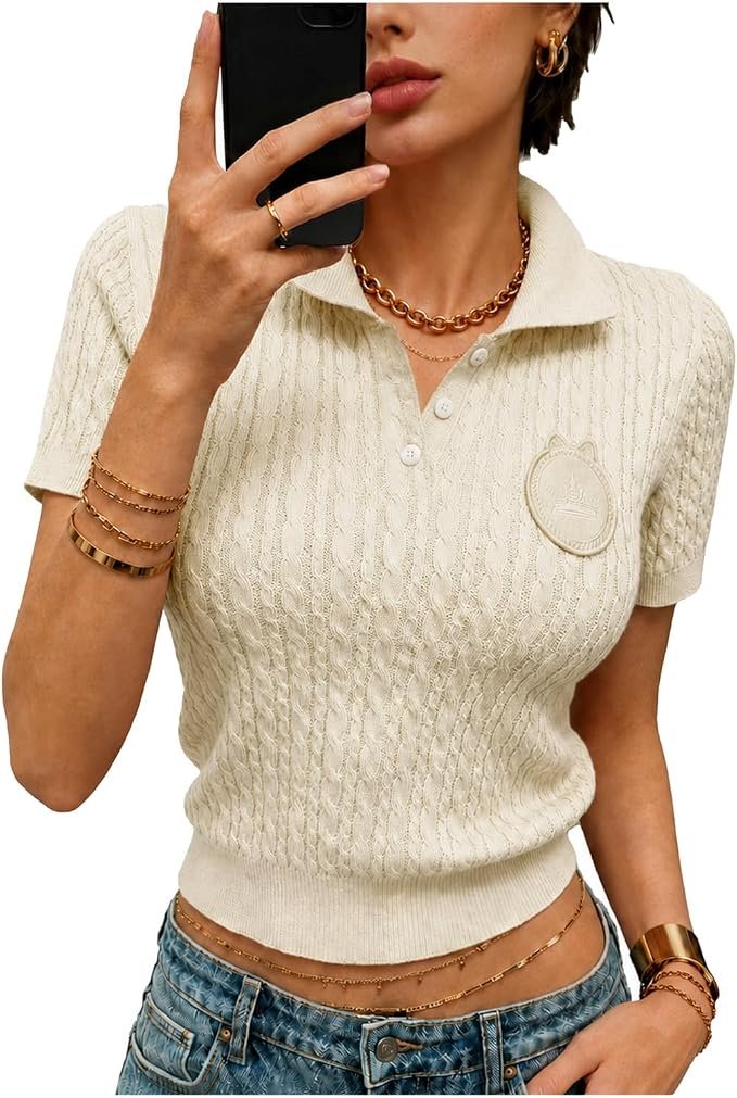 Coffee first, Cropped Shorts second, plans eventually — Truwelby Women's Short Sleeve Cropped Knit Sweater Lapel V Neck Top 2026