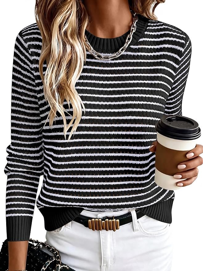 Top made a regular day look interesting — Anrabess Women Long Sleeve Striped Crochet Sweater Top