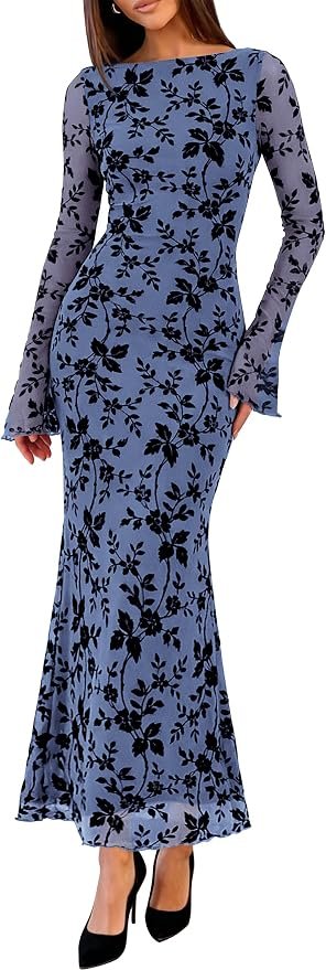 Seams like Dress won today — Iwd Womens Long Sleeve Floral Bodycon Maxi Dress Mesh Wedding Guest Dresses