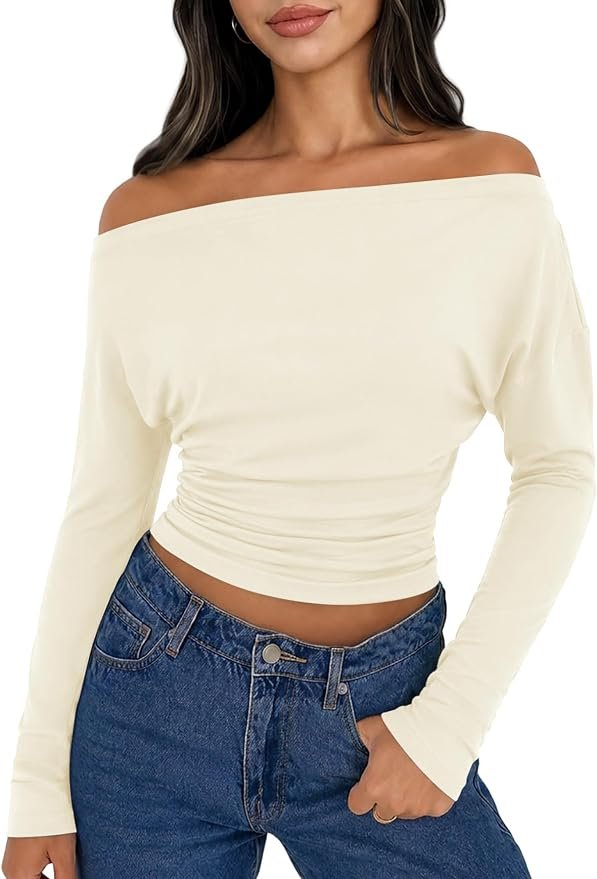 High pressure, low-effort Off-The-Shoulder Shirt — Yousify Womens Off The Shoulder Top Long Sleeve Cinched Waist Fall Shirts
