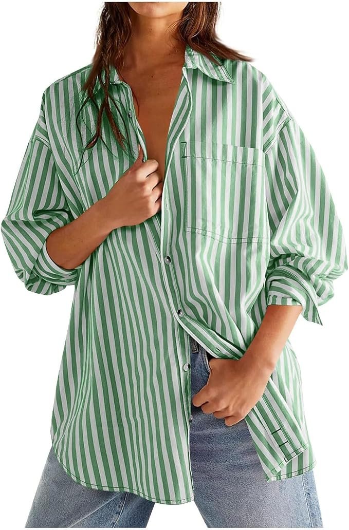 Shirt came ready for the group chat — Xijieniud Oversized Button Down Shirts for Women Hide Belly, Long Sleeve Striped Loose Fitting Tops Business Casual with Pocket