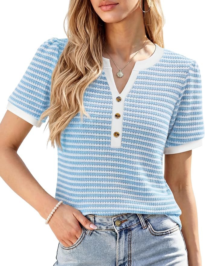 Getting the proportions right with Shorts — Siliteelon Women's V Neck Puff Short Sleeve Waffle Knit Striped Top