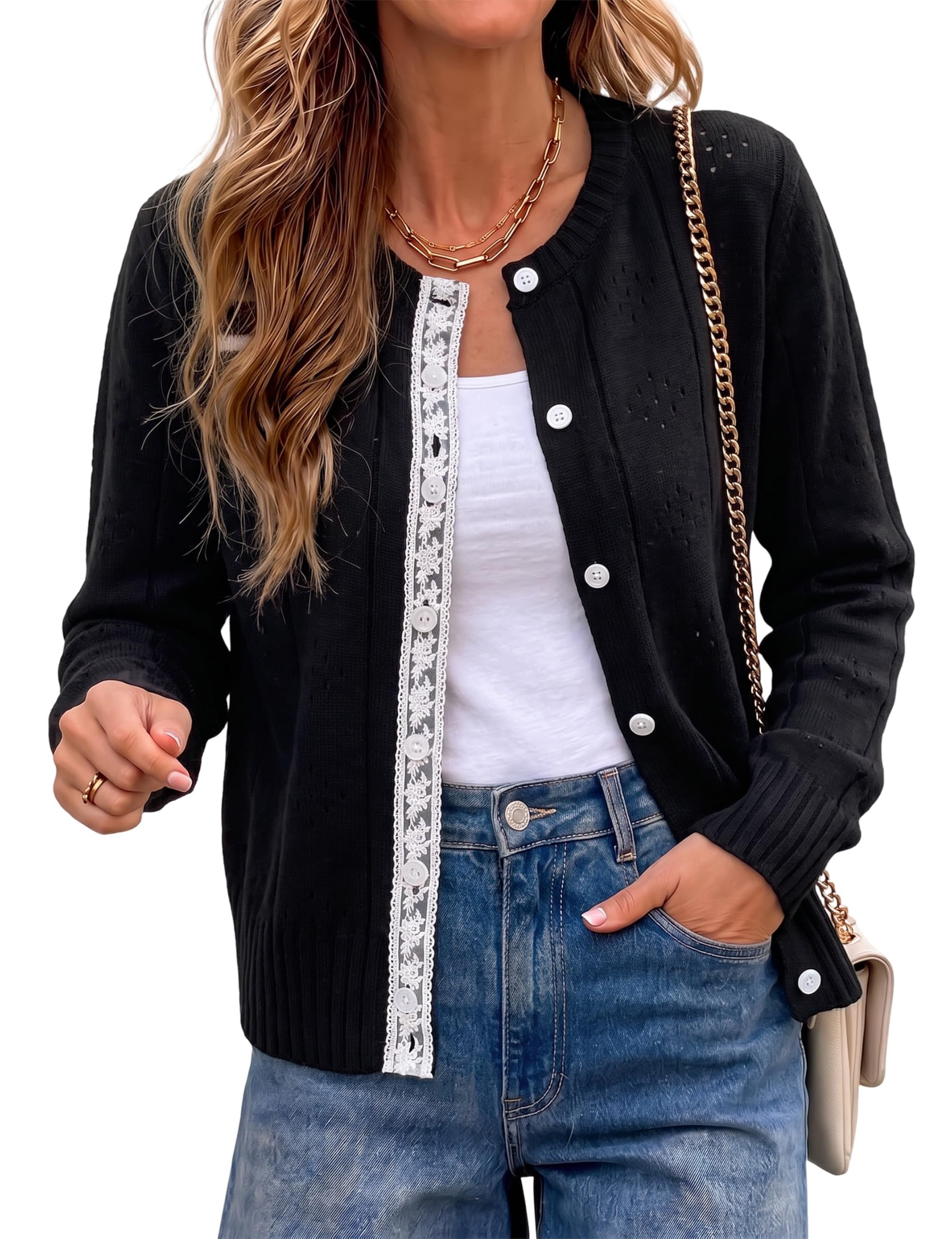 Buttoned up over a skort with big plans — Uatkimi Women Lace Trim Cardigan Crochet Long Sleeve Button Knit Sweater