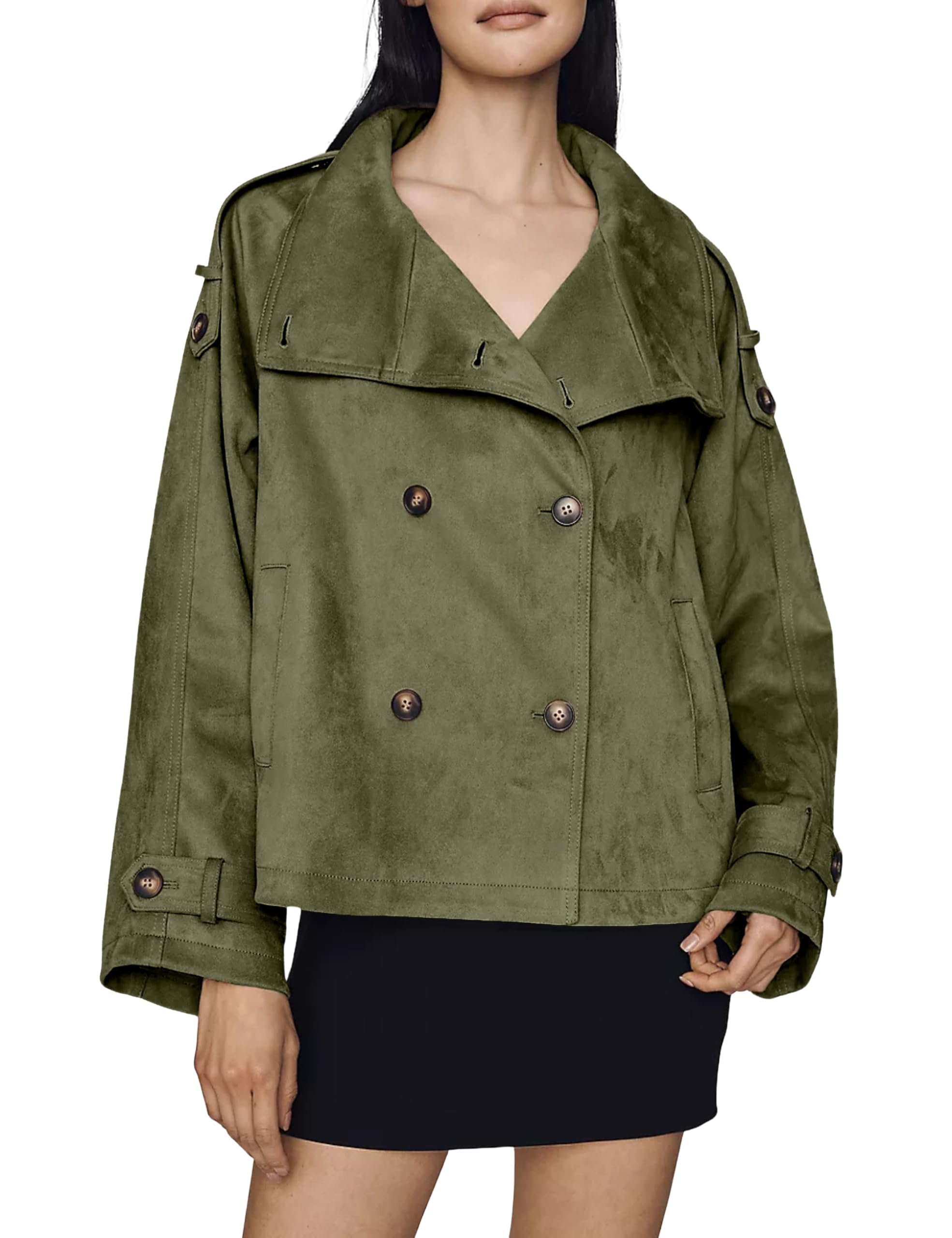 The schedule said casual; Jacket heard camera-ready — Tanming Women's Faux Suede Jacket Funnel Neck Trench Coat
