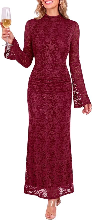 Dress walked into a closet and raised the bar — Caracilia Womens Fall Wedding Guest Long Sleeve Bodycon Floral Maxi Dresses