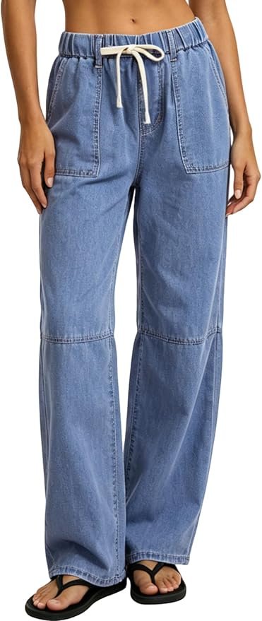 Heat wave, meet Shirt — Boudaner Women's Straight Leg Jeans High Waisted Drawstring Denim Pants