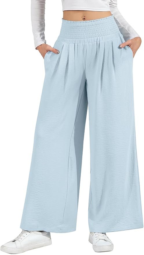 Seams like Tank Top won today — Celot Kever Womens Smocked High Waisted Wide Leg Palazzo Pants Comfy Casual Loose Lounge Travel Vacation Y2K Pants