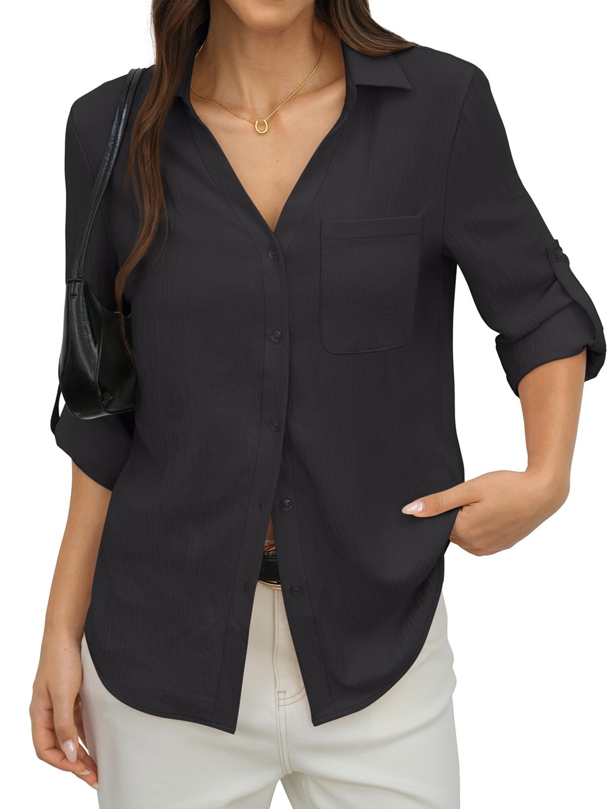 Rolled sleeves, elevator light, no regrets — Ticticmiss Womens Button Down Shirts Rolled Up Long Sleeve Casual Tops