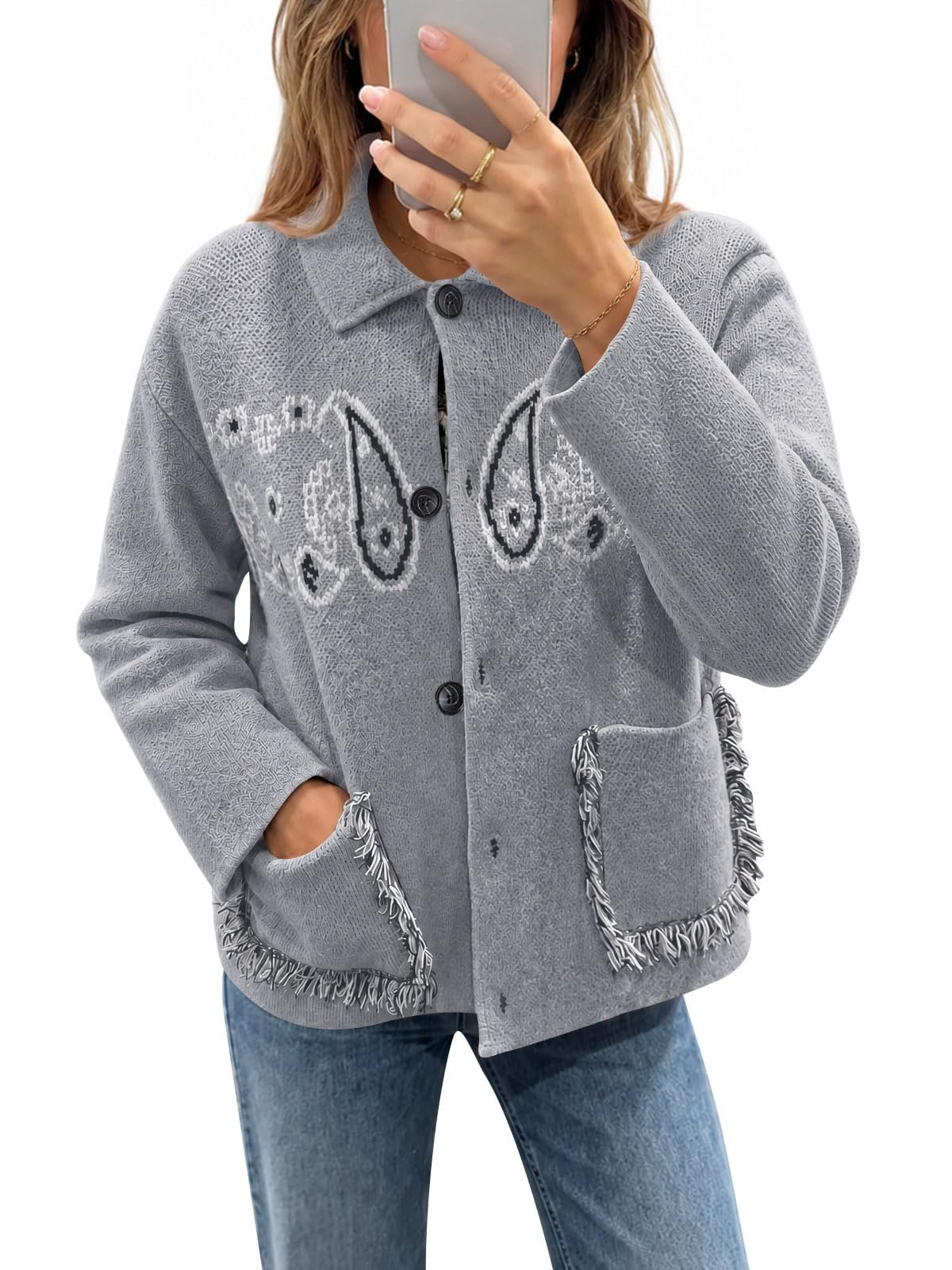 The cardigan has opinions at 8 a.m. — Saodimallsu Womens Boho Cardigan Fringe Paisley Fall Sweater with Pockets