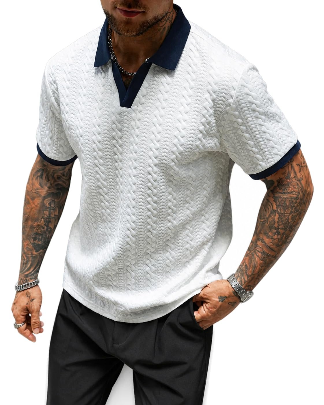 A little shade, a lot of Shorts — Fraxzio Polo Shirts for Men, Textured Short Sleeve Johnny Collar Top