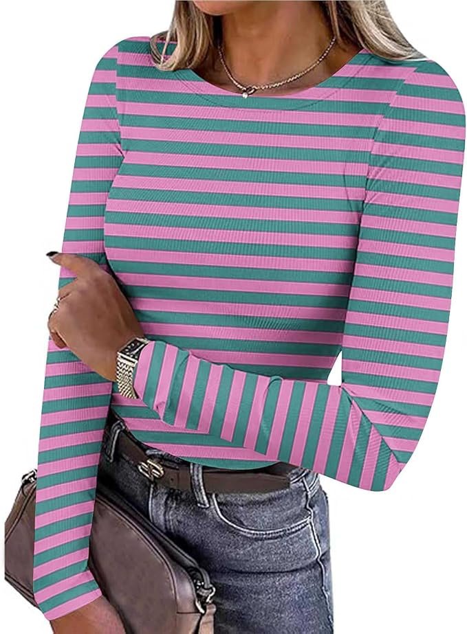 No notes, just Shirt — Xijieniud Fitted Long Sleeve Shirt for Women Striped,Fall Outfits 2026