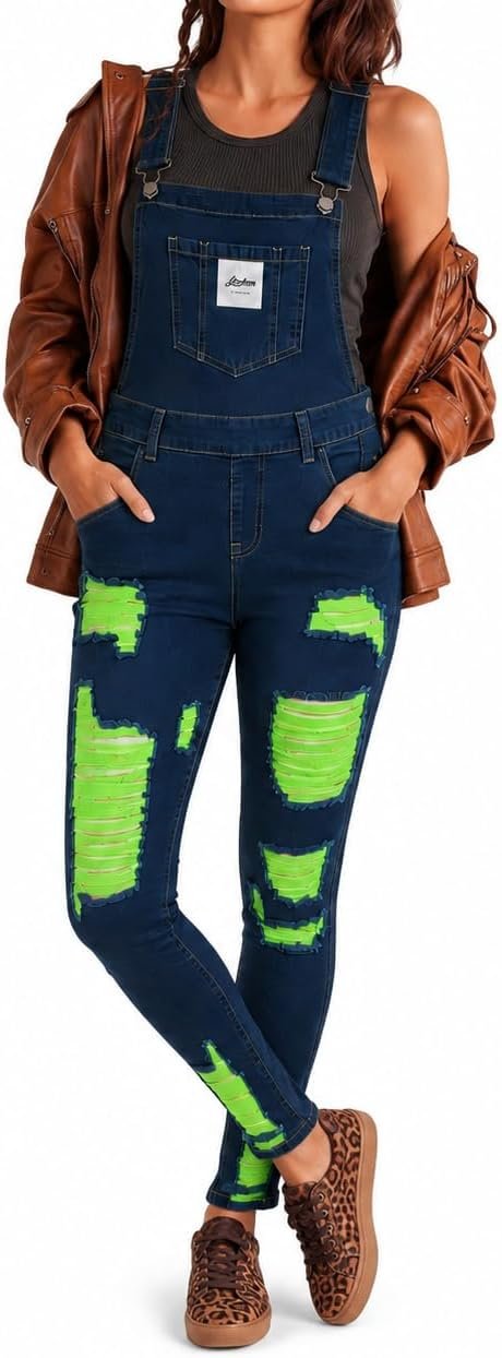 Dress is carrying this outfit — Lehrform Women's Y2K Ripped Denim Overalls, Skinny Fit with Side Zip