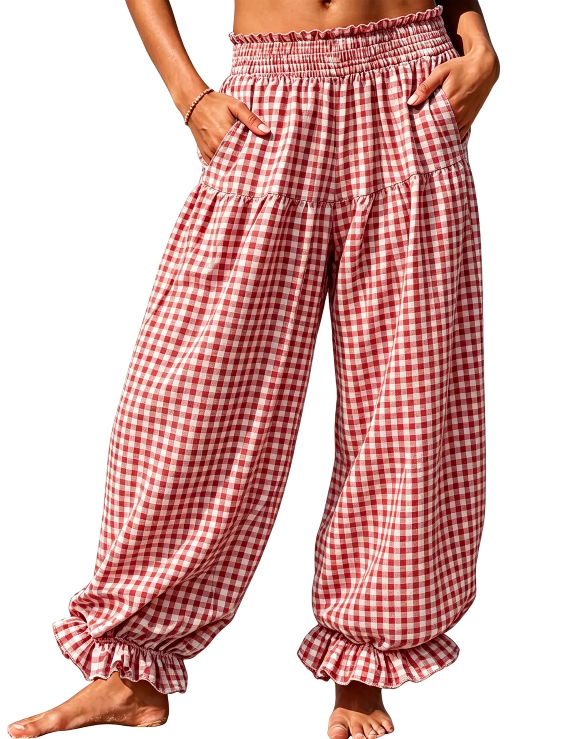No notes, just Lightweight Top — Uatkimi Women Gingham Wide Leg Pants Baggy Smocked Waist Balloon Trousers