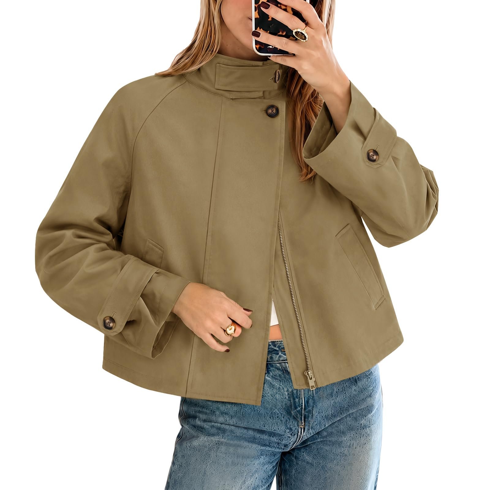 No notes, just Cropped Jacket — Yousify Women Cropped Trench Coat Fall Winter Funnel Neck Jacket