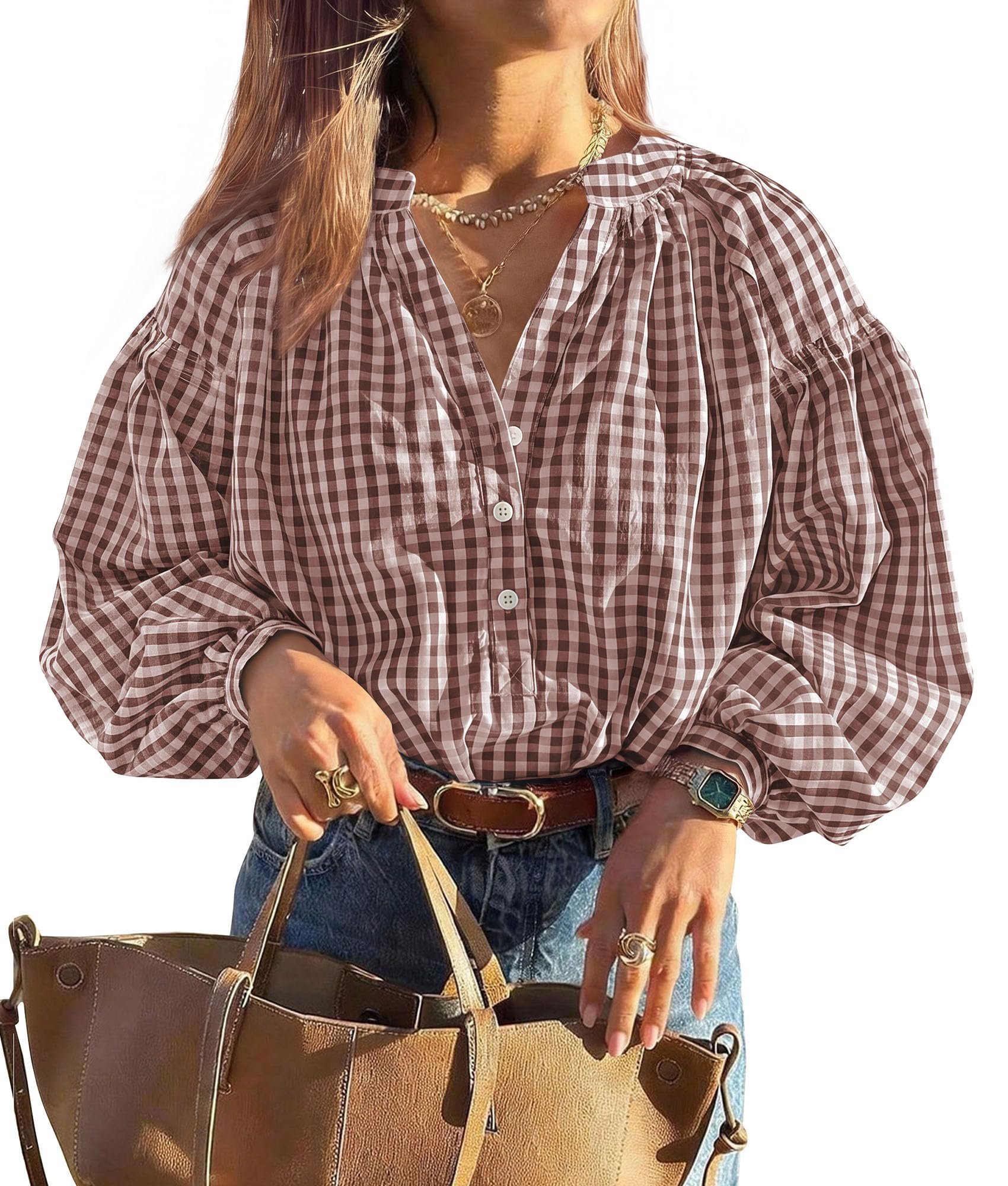 A fitting joke about Blouse — Prettygarden Women Fall Plaid Long Puff Sleeve Shirts V Neck Casual Blouses