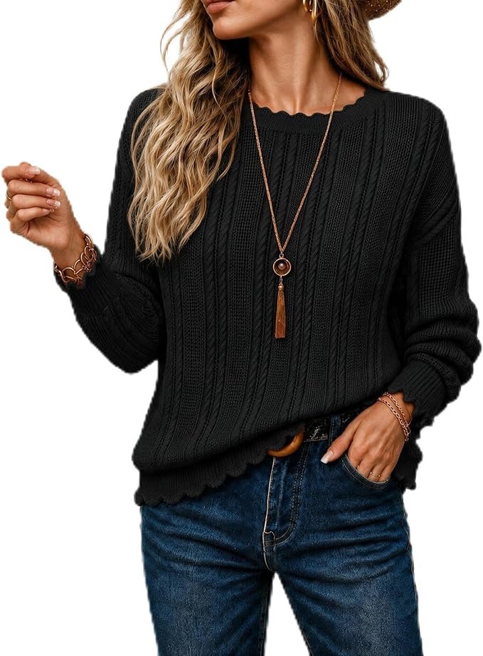 Sun out, Top on — Truwelby Women's Pullover Sweater Crew Neck Crochet Scalloped 2026