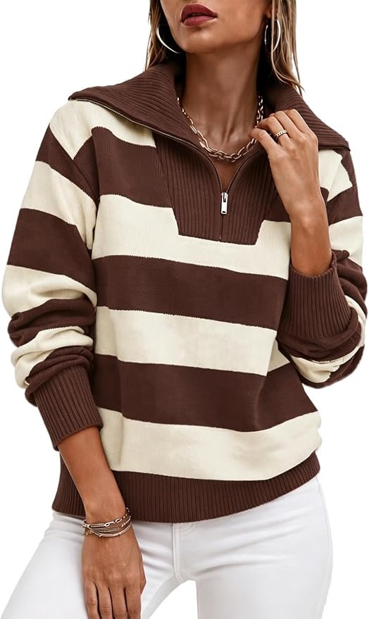 Top is sew ready — Anienaya Women's Quarter Zip Sweater Striped Oversized Casual Knit Pullover