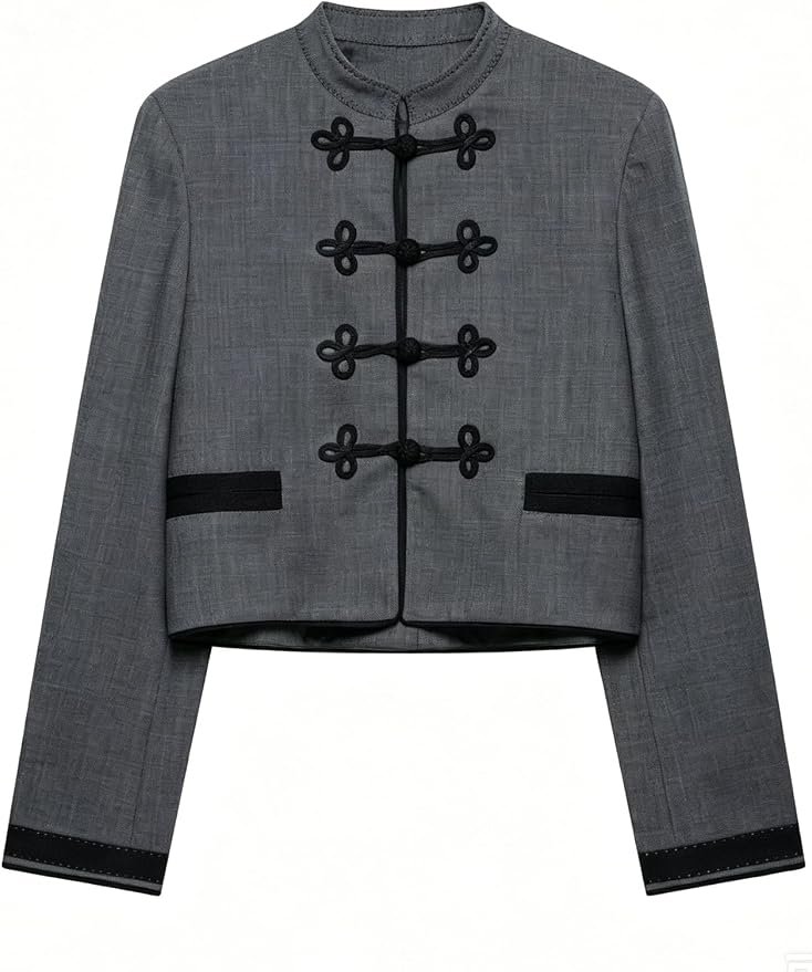 I wore Blazer; the day developed a personality — ChiyeeKiss Womens Frog Fastening Clasp Blazer High Round Neck Side Pockets Jackets Contrasting Cuffs Straight Hem Shackets
