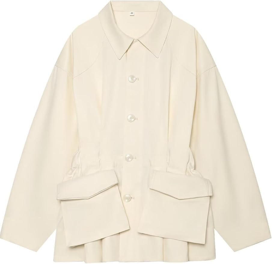 A little shade, a lot of Jacket — ChiyeeKiss Womens Flaps Front Patched Pockets Jacket Lapel Collar Button Front Shackets Elastic Waist Straight Hem Coats