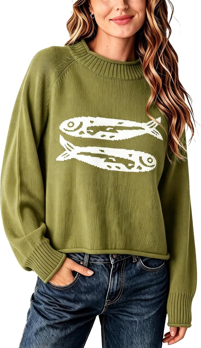 Top changed the energy of this look — Cubridge Fish Graphic Sweater Roll Hem Long Sleeve Fall Sweater Y2k Vintage Knitted Pullover Sweaters Warm Knit Tops