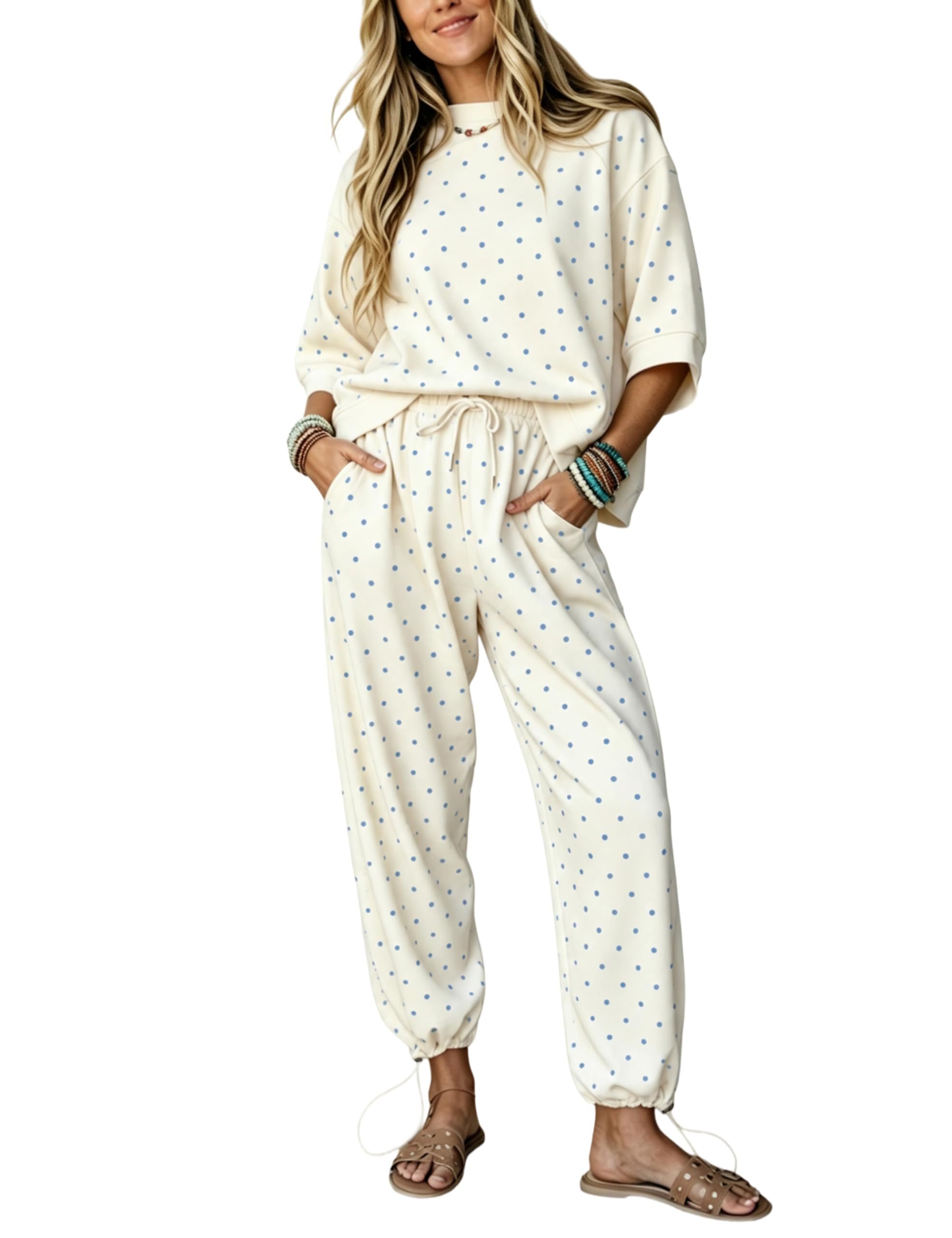Wind advisory: Top may steal the scene — Ailoqing Womens Polka Dot 2 Piece Contrast Top Joggers Sets