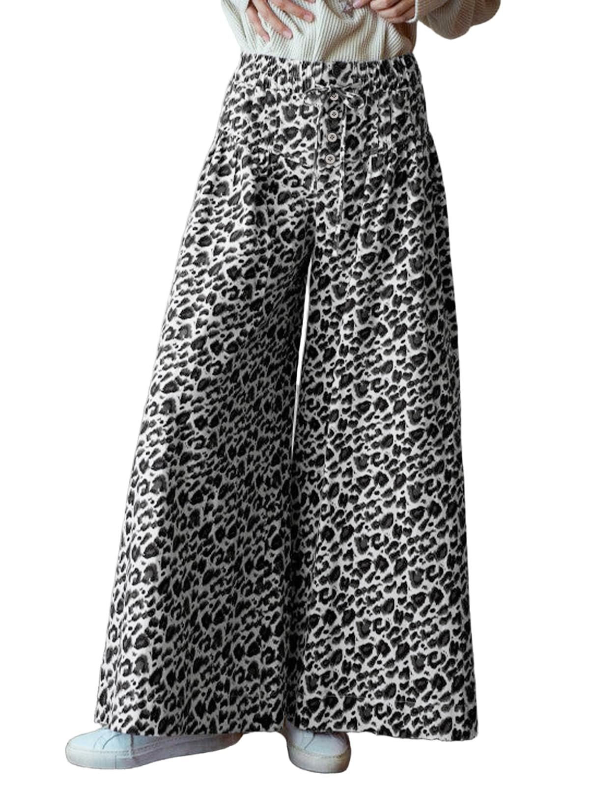 Styling Jacket for a midday look — Cufezn Womens Leopard Wide Leg Pants Loose Fit Casual Trousers with Pockets
