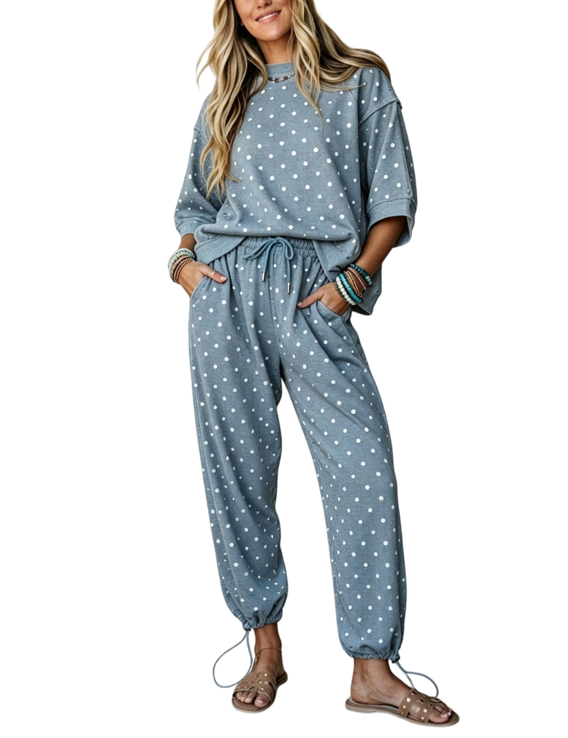 Sweatshirt made getting dressed suspiciously easy — Uatkimi Women Polka Dot 2 Piece Pants Set Lounge Sweatshirt Joggers Outfit