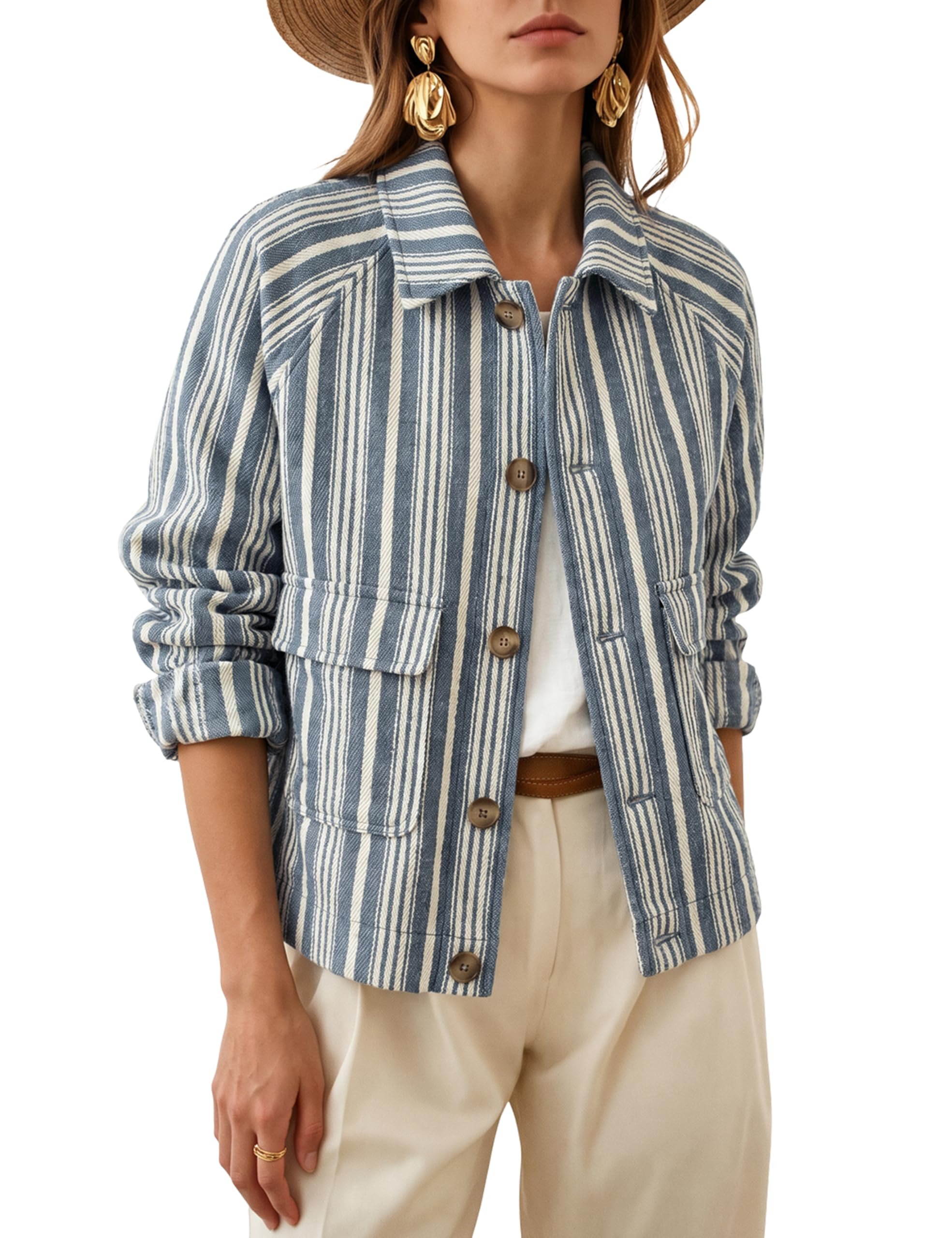 Closet called. Cropped Jacket picked up — Huaqiao Womens Striped Cropped Denim Jackets Button Down Coat