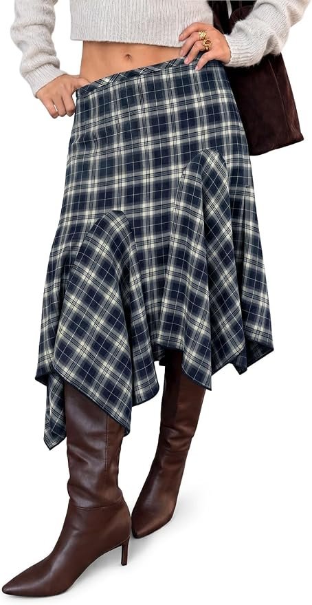Styling Sweatshirt for a morning look — Yousify Women's Plaid Midi Skirts Y2k Low Waist Asymmetrical Flowy Skirt
