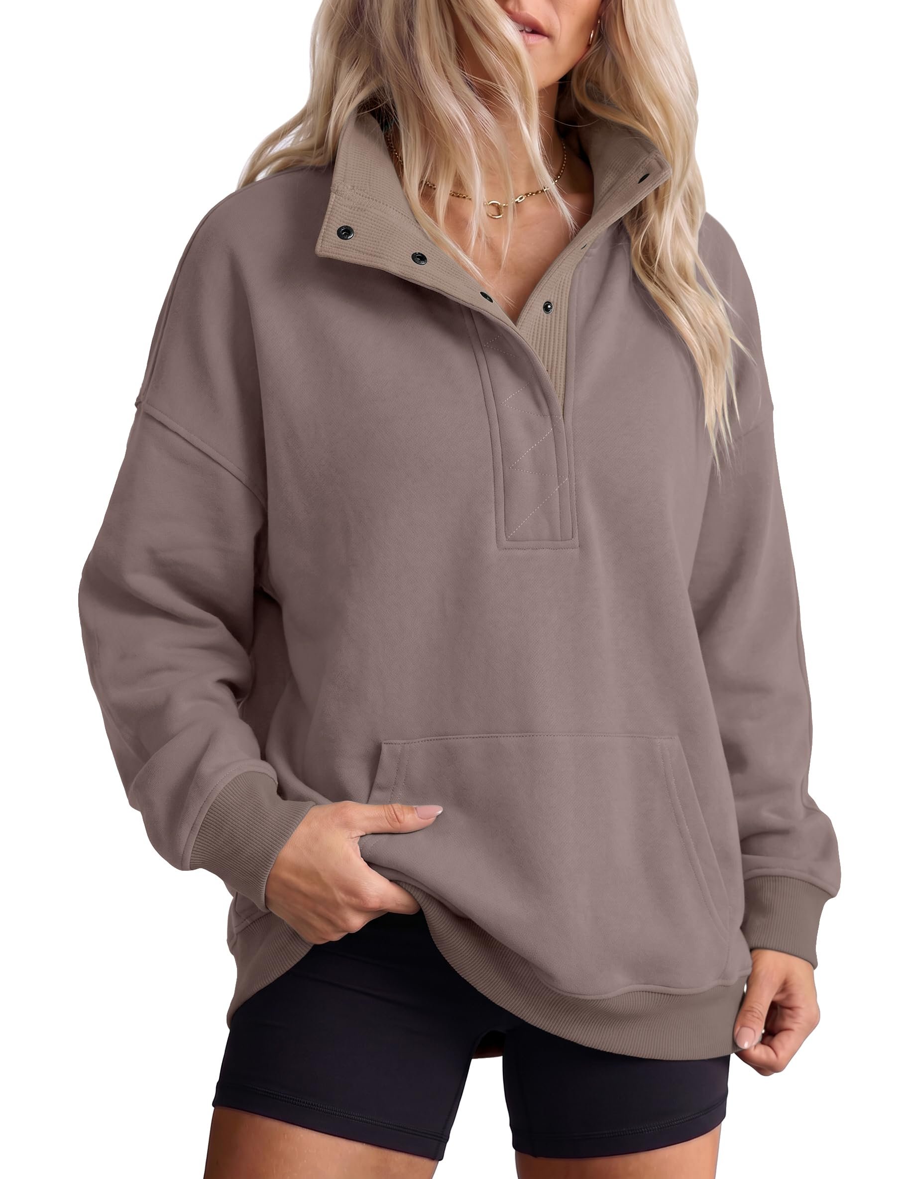 Sweatshirt and Shorts versus my very unorganized schedule — Quenteen Women's Oversized Snap Button Henley Sweatshirts with Pockets