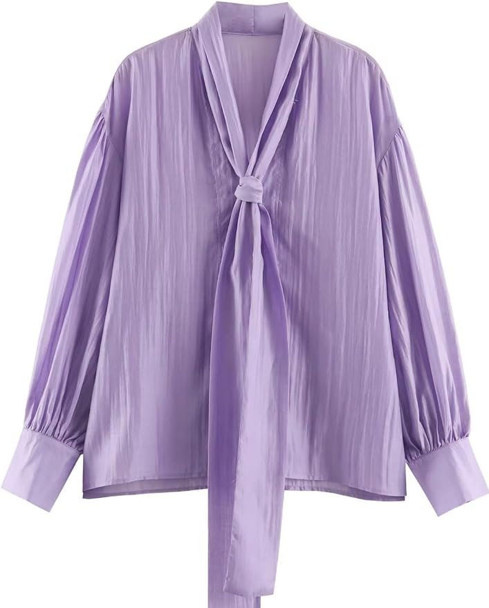 T-Shirt under the midday sky — ChiyeeKiss Womens Drawstring Self Tie Balloon Long Sleeve Tops V Neck Straight Hem Blouse Elastic Cuffs Relaxed Fit Shirt