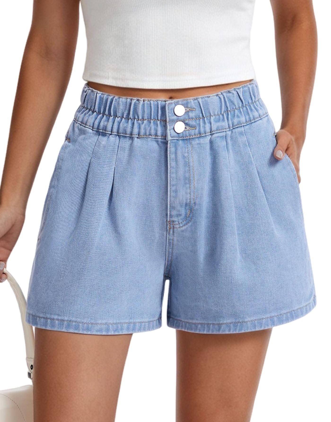 A sleeveless knit with main character buttons — Boudaner Womens Jean Shorts Elastic High Waisted Summer Baggy Denim Jorts
