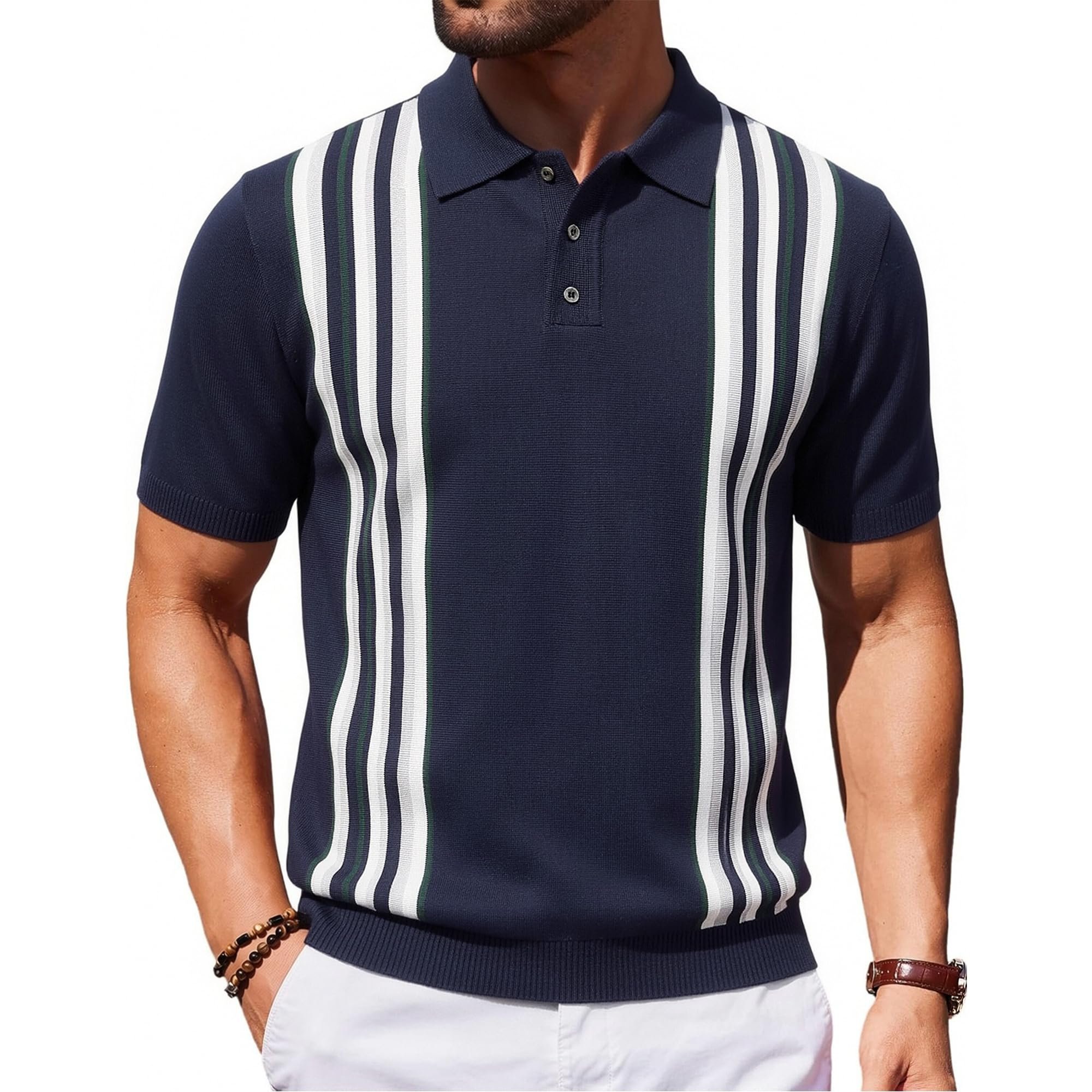 Shorts and Jeans versus my very unorganized schedule — Esabel.C Mens Knit Polo Shirts Short Sleeve Vintage Striped Shirt