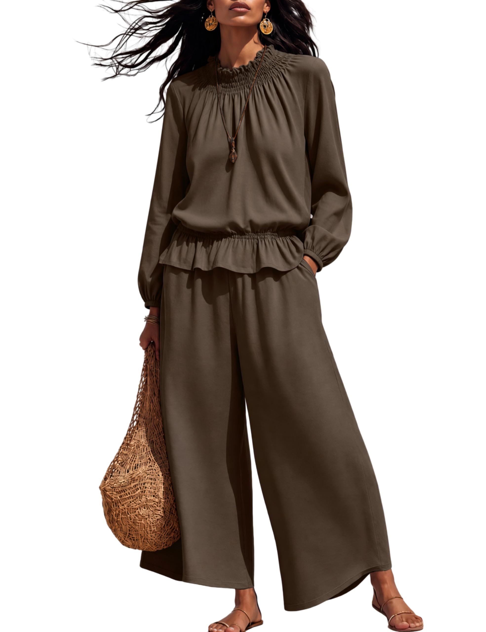Wide-Leg Pants brought its own sunshine — Tanming Womens 2 Piece Sets Long Sleeve Blouse Wide Leg Pants
